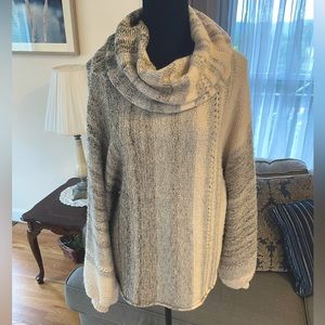 Ivory and gray, heavy, knitted, Cowell neck sweater, oversize lantern sleeve